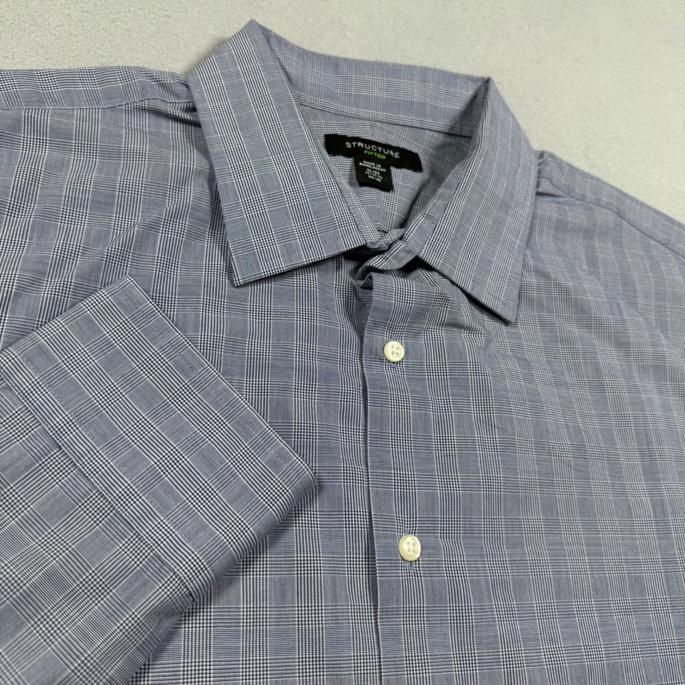 Structure Fitted Mens XL Blue Glen Plaid Long Sleeve Button Down Dress Shirt